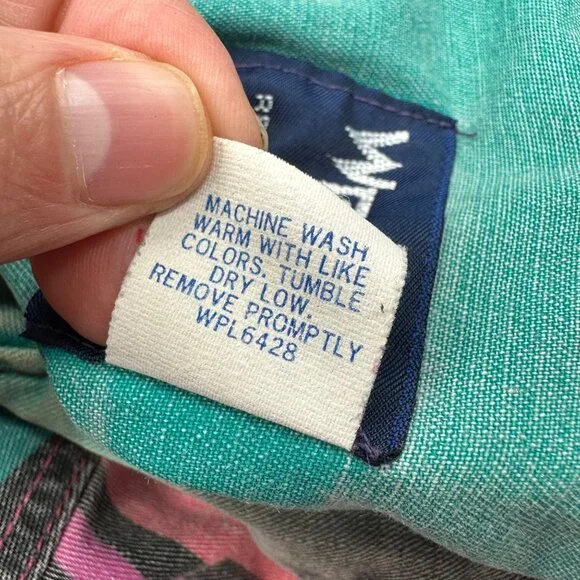 Vintage Wrangler Brushpopper 90s Western Shirt Pink Teal Stripe USA Rodeo Cowboy - Picture 6 of 12